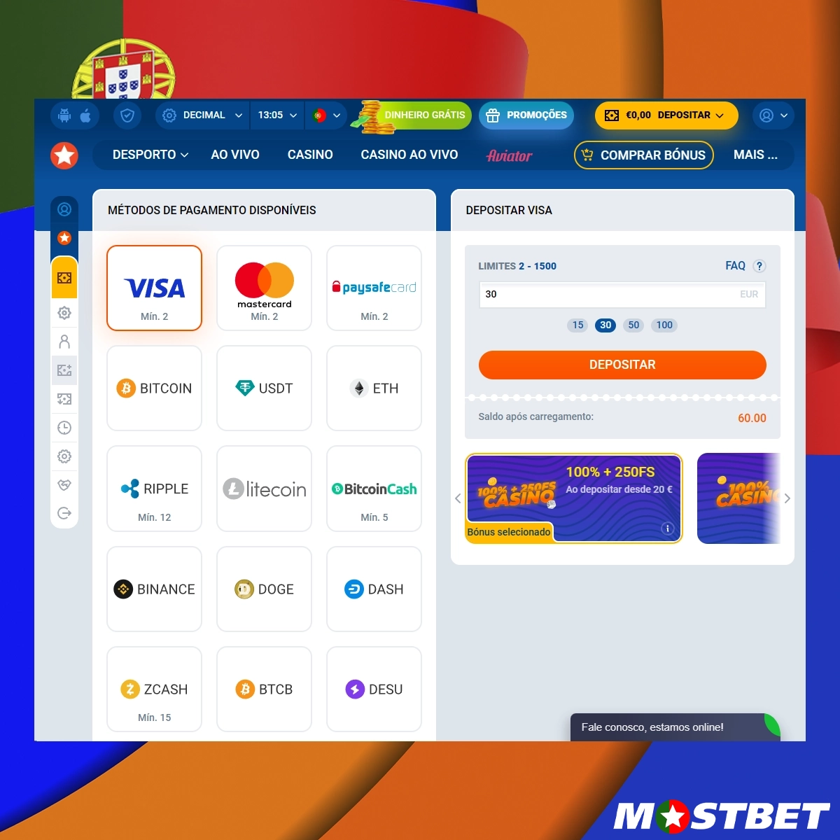 Revisão dos métodos de pagamento Mostbet Portugal