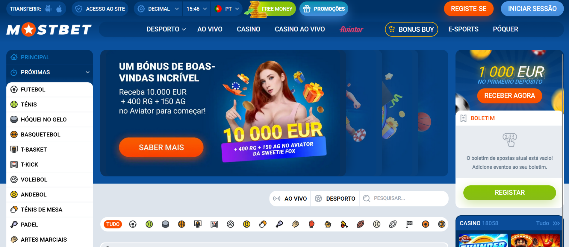 Mostbet online casino rozhraní